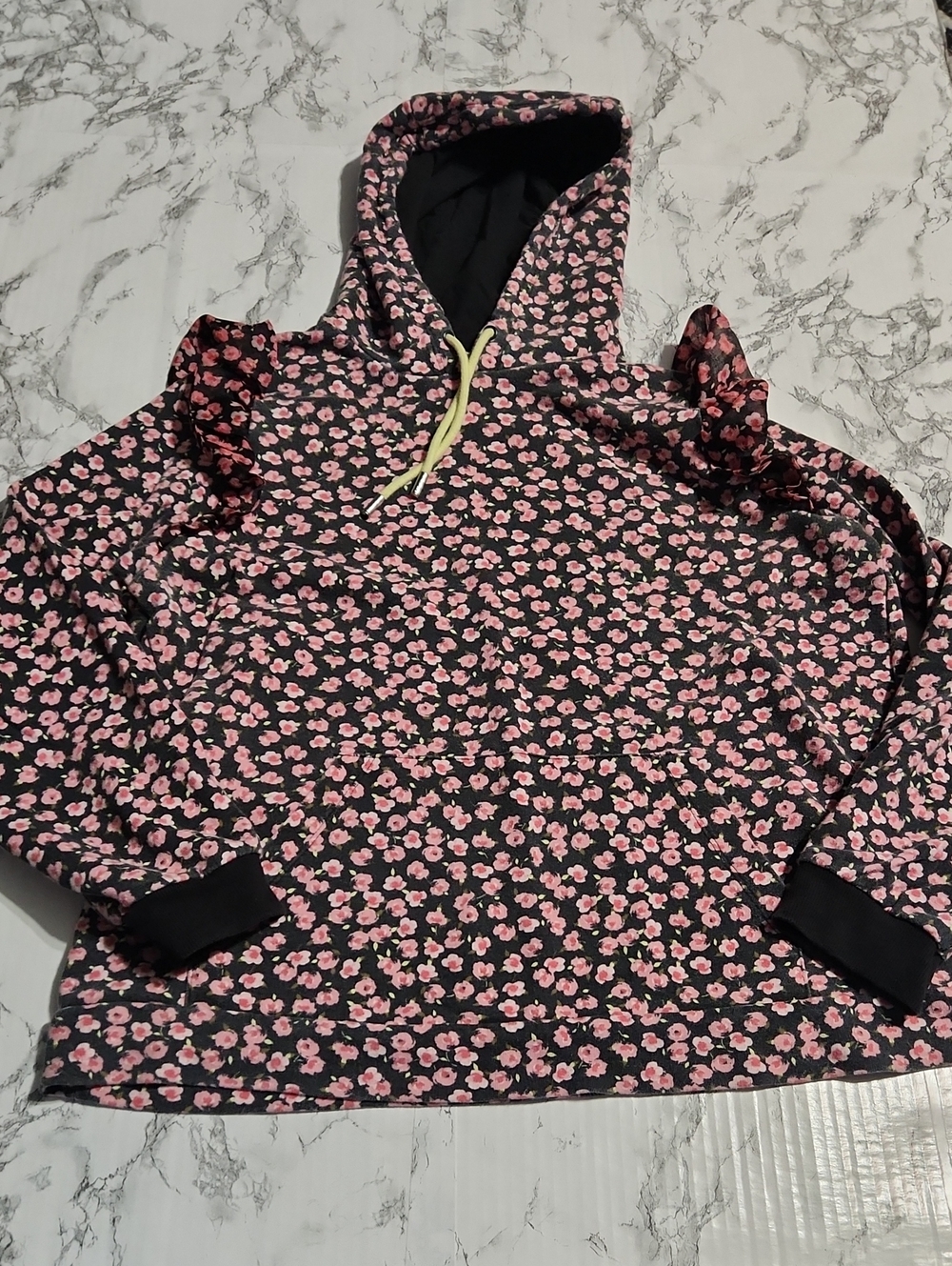 💘 Sandy Liang Black Hoodie with Pink Floral Print